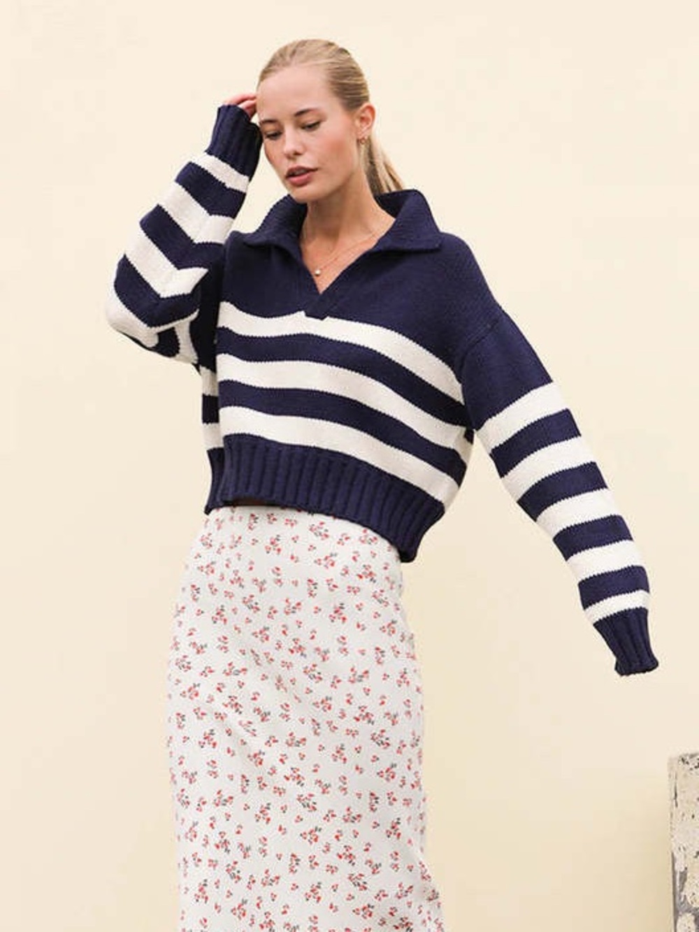 Ciao Lucia Venezia Navy and White Polo Striped V-Neck Sweater